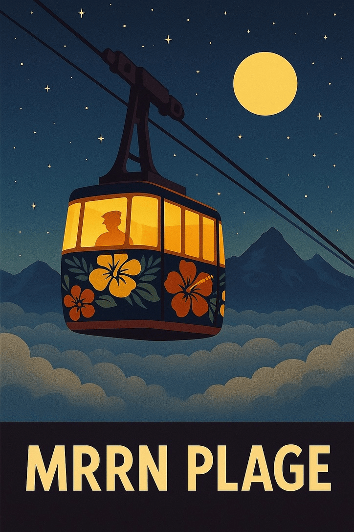 MRRN Plage Annex von Daniel Frei: Eine beleuchtete Seilbahngondel mit orangefarbenen Hibiskusblüten fährt unter dem Vollmond über Bergen und Wolken.
