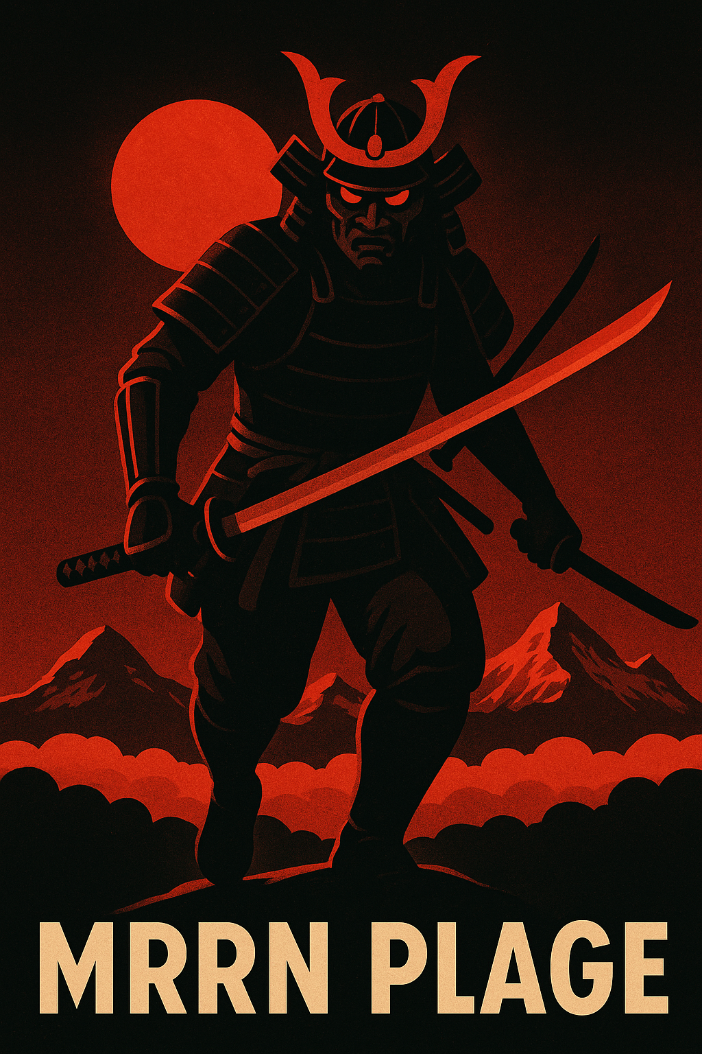 MRRN Plage von Daniel Frei: Ein dunkel gerüsteter Samurai mit rotem Schwert vor einer roten Sonne, Bergen und Wolken auf schwarzem Grund.