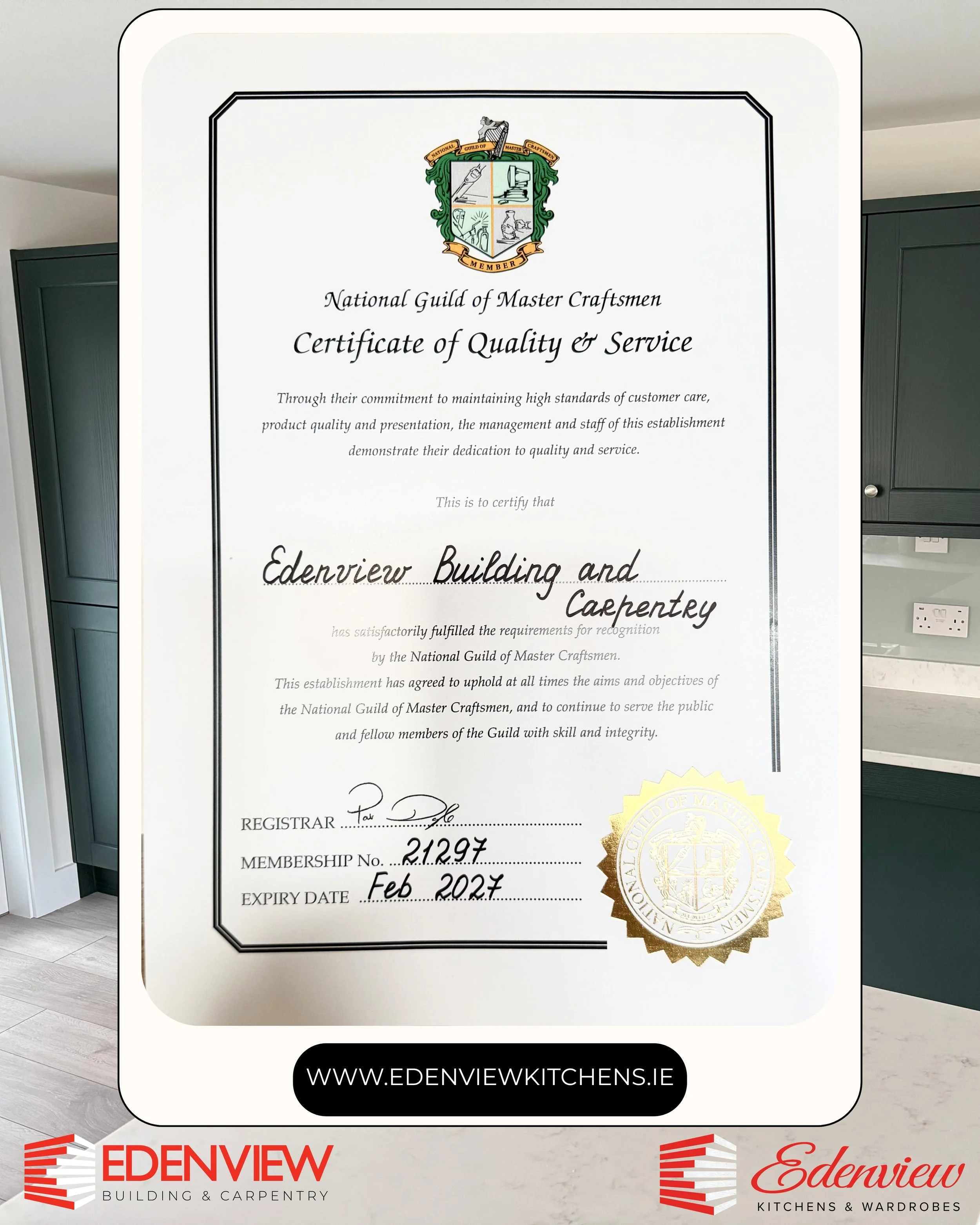 Edenview Building & Carpentry Master Craftsmen Guild Certificate