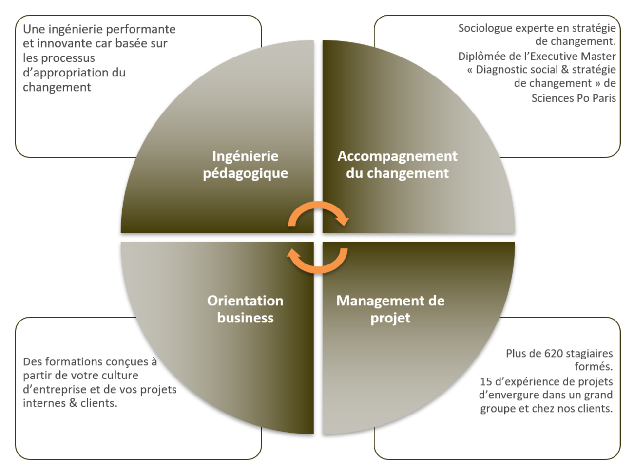 Diagramme circulaire présentant quatre secteurs liés à la gestion du changement : ingénierie pédagogique, accompagnement du changement, orientation business, gestion de projet. Autour, des descriptions en français détaillent leurs compétences et expériences.