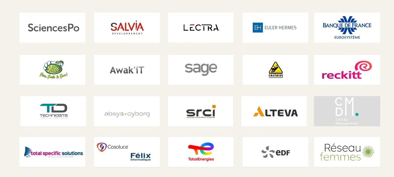 Cadre avec plusieurs logos d'entreprises et d'organisations, organisés en plusieurs rangées et colonnes.