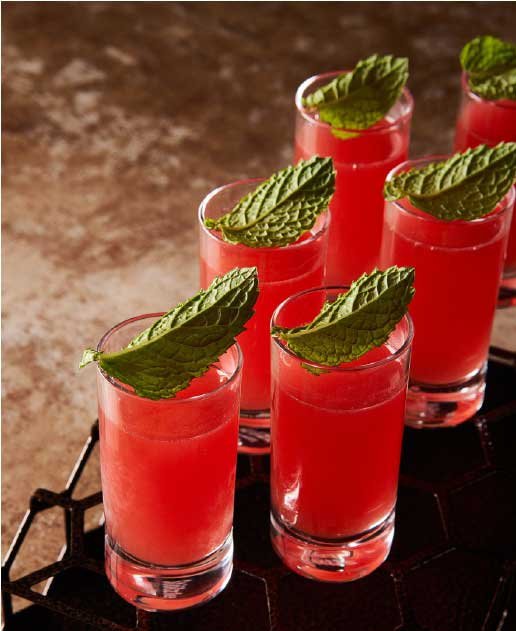 Red drinks in shot glasses with mint leaves on top