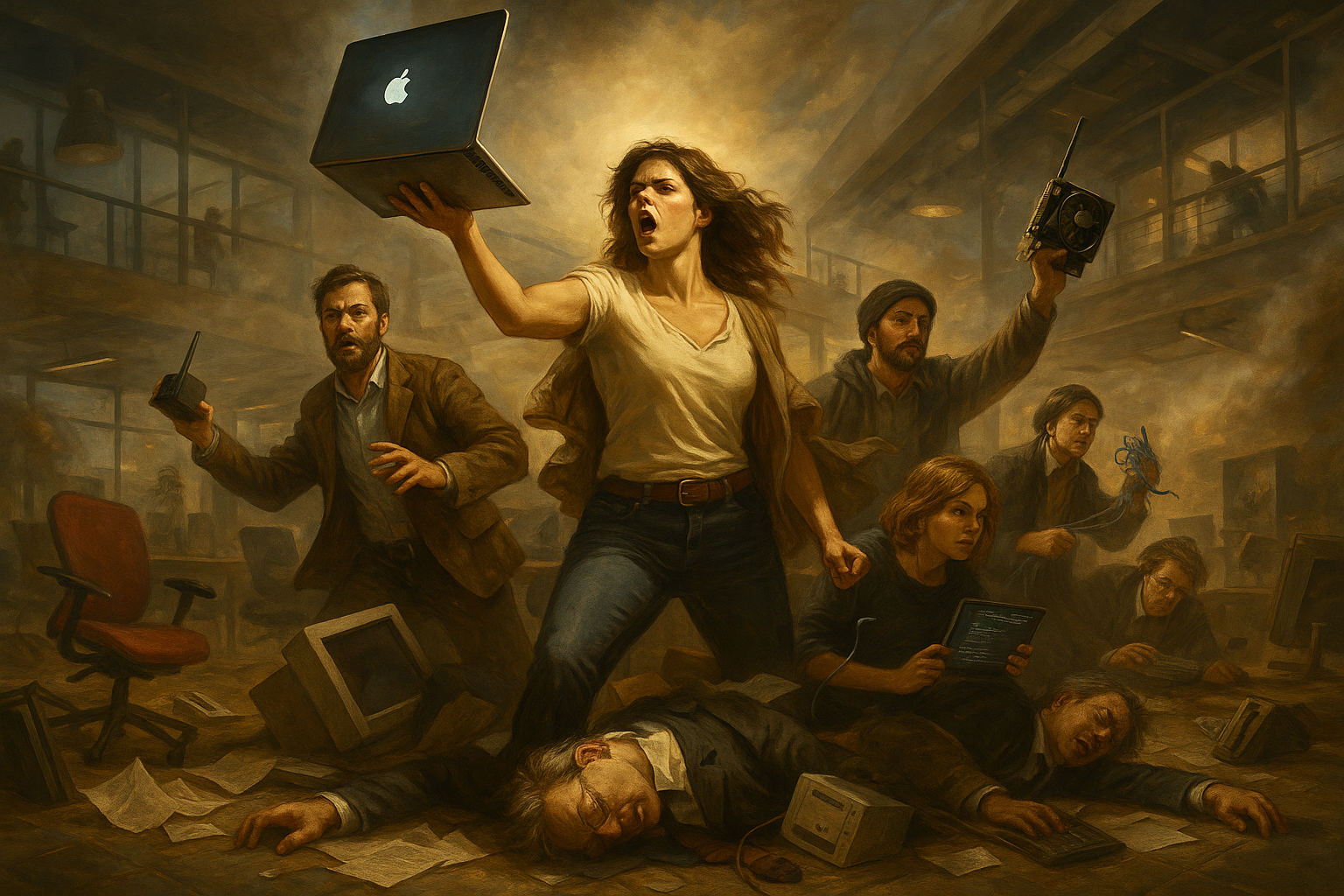 A group of people in a chaotic office scene, with a woman holding a glowing Apple computer monitor and a radio, standing on three fallen people, amidst scattered papers and overturned chairs, in a smoky environment.