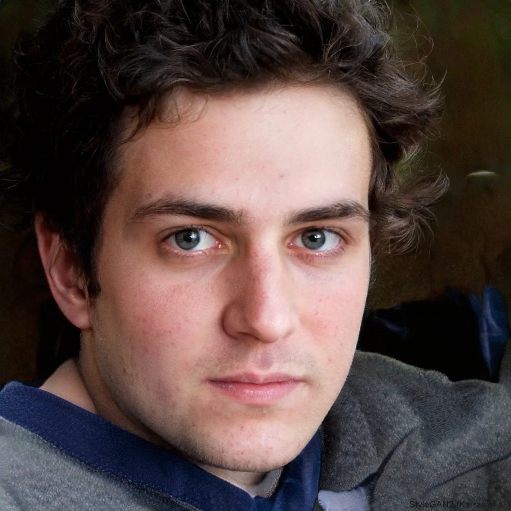 Close-up portrait of a young man with curly brown hair and blue eyes, wearing a dark sweater.