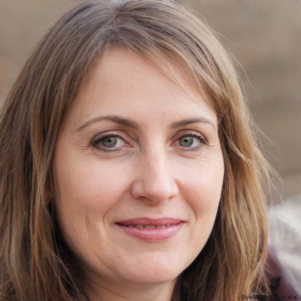 Close-up of a woman with shoulder-length light brown hair, gray eyes, and a slight smile, outdoors in natural light.