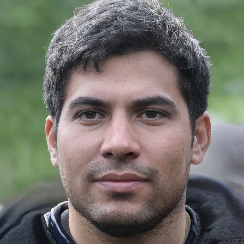 Close-up of a man with dark curly hair, light skin, and stubble, wearing a black hoodie outdoors.