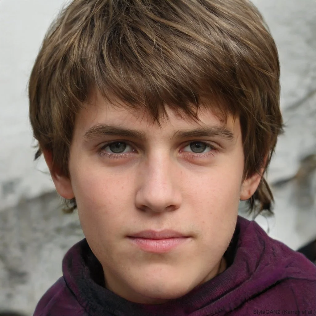 Close-up of a boy with brown hair and blue eyes wearing a maroon hoodie.