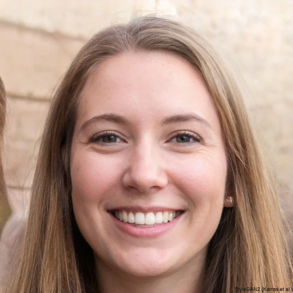 Close-up of a smiling young woman with light brown hair and green eyes, smiling outdoors with a blurred brick wall background.