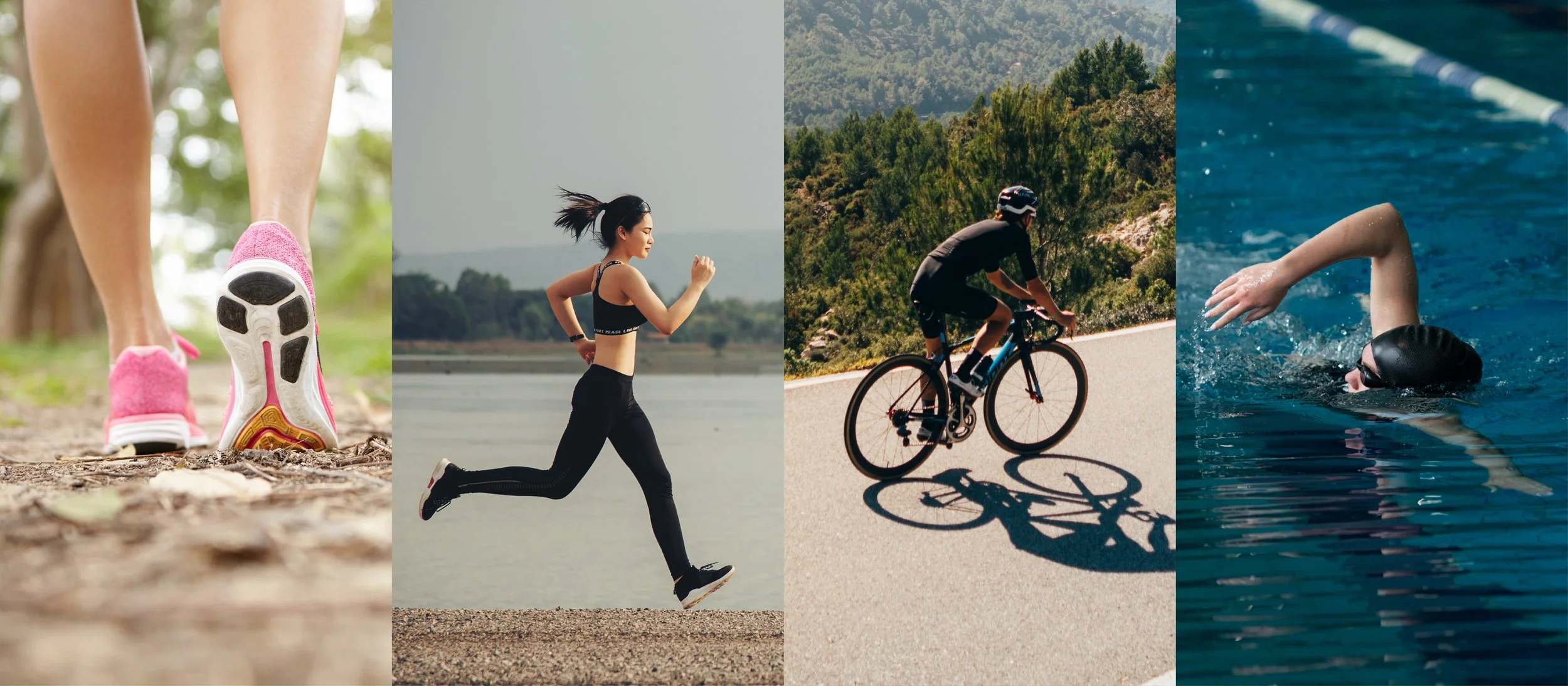 Click through image of people walking, running, cycling and swimming