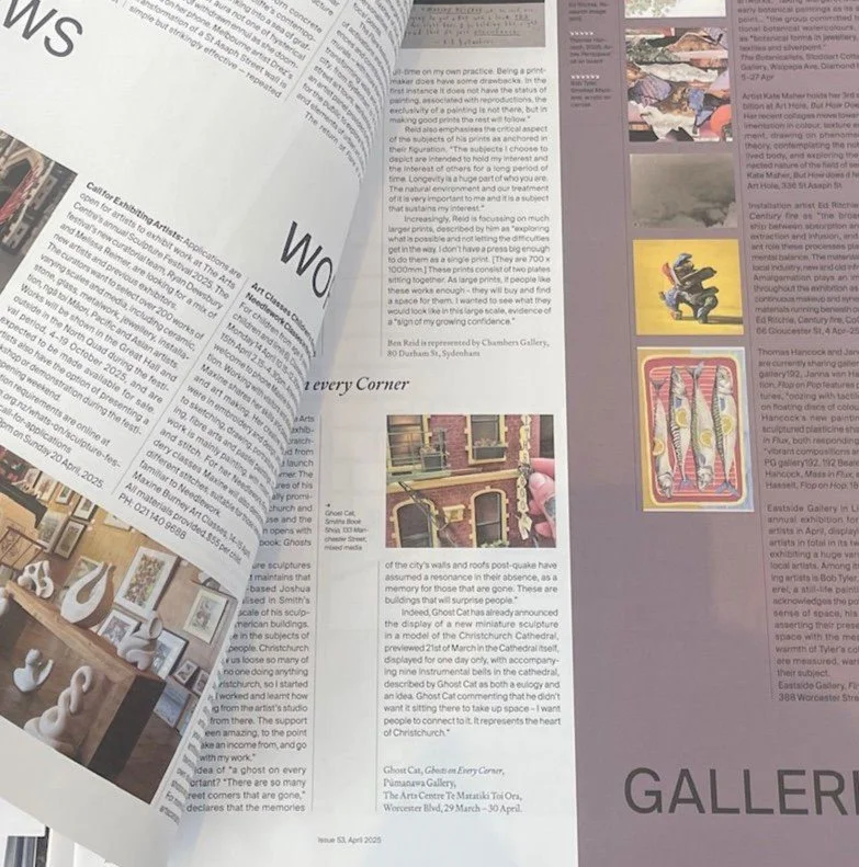 Open magazine displaying articles about art classes, a miniatures sculpture, and a gallery exhibition, with a separate page showing a photograph of a small house model and art pieces.
