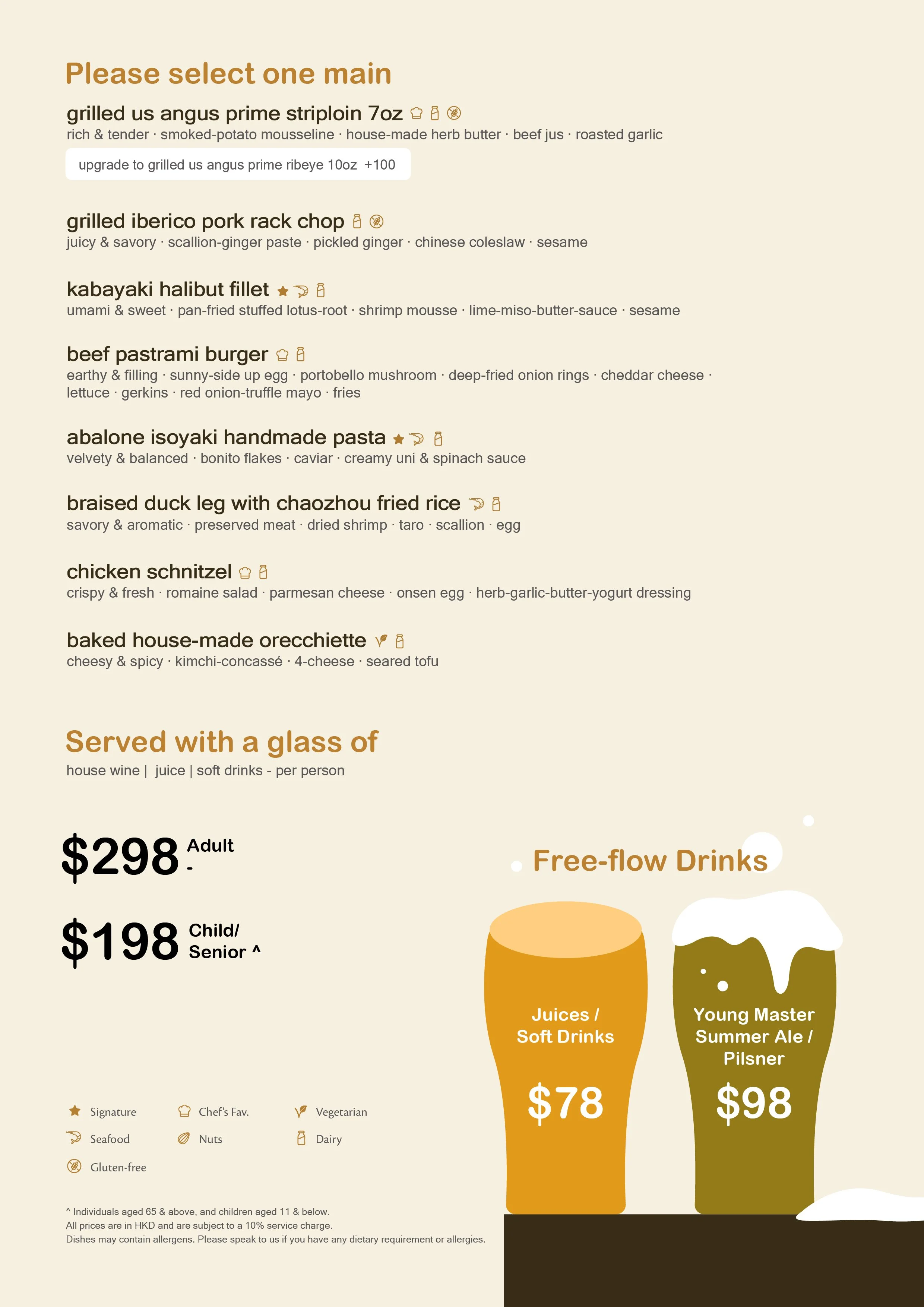 A restaurant menu showing main dishes such as grilled US Angus prime striploin, Iberico pork rack chop, halibut fillet, beef pastrami burger, handmade pasta, duck leg with fried rice, chicken schnitzel, and baked course. Prices are listed, along with options for drinks including juices and summer ales, with prices and illustrations of two beer glasses.