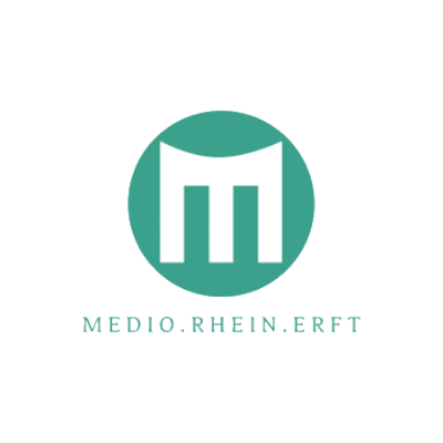 Logo mit einem weißen M in einem grünen Kreis und der Aufschrift 'MEDIO.RHEIN.ERFT' darunter.