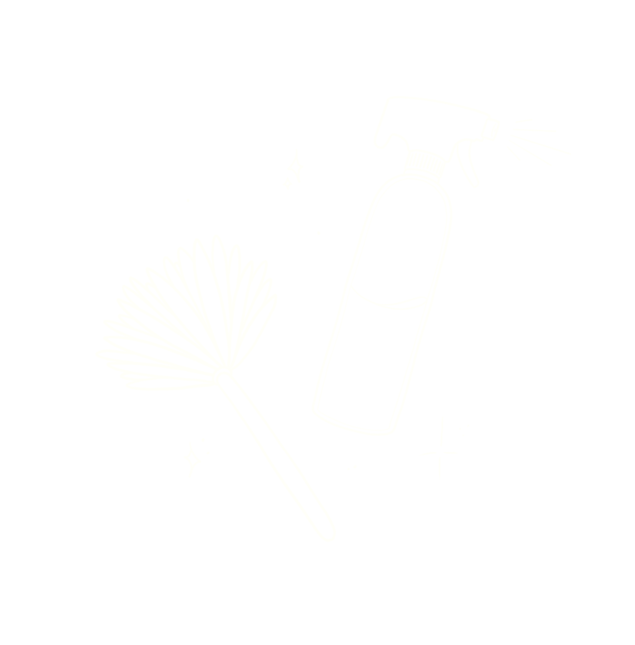 Illustration simple en noir et blanc d'un plumeau, d'un spray de nettoyage et de petites étoiles.