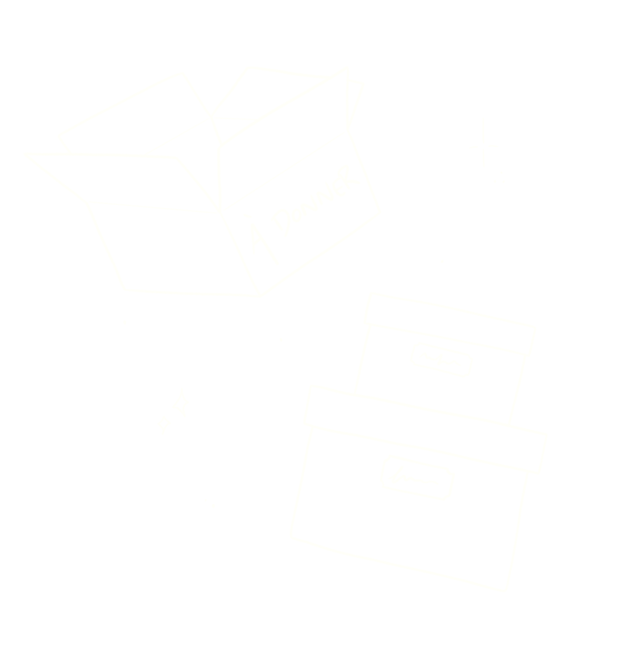 Dessins en style esquisse montrant une boîte en carton ouverte avec «À donner?» écrit dessus, et deux boîtes empilées avec des étiquettes.