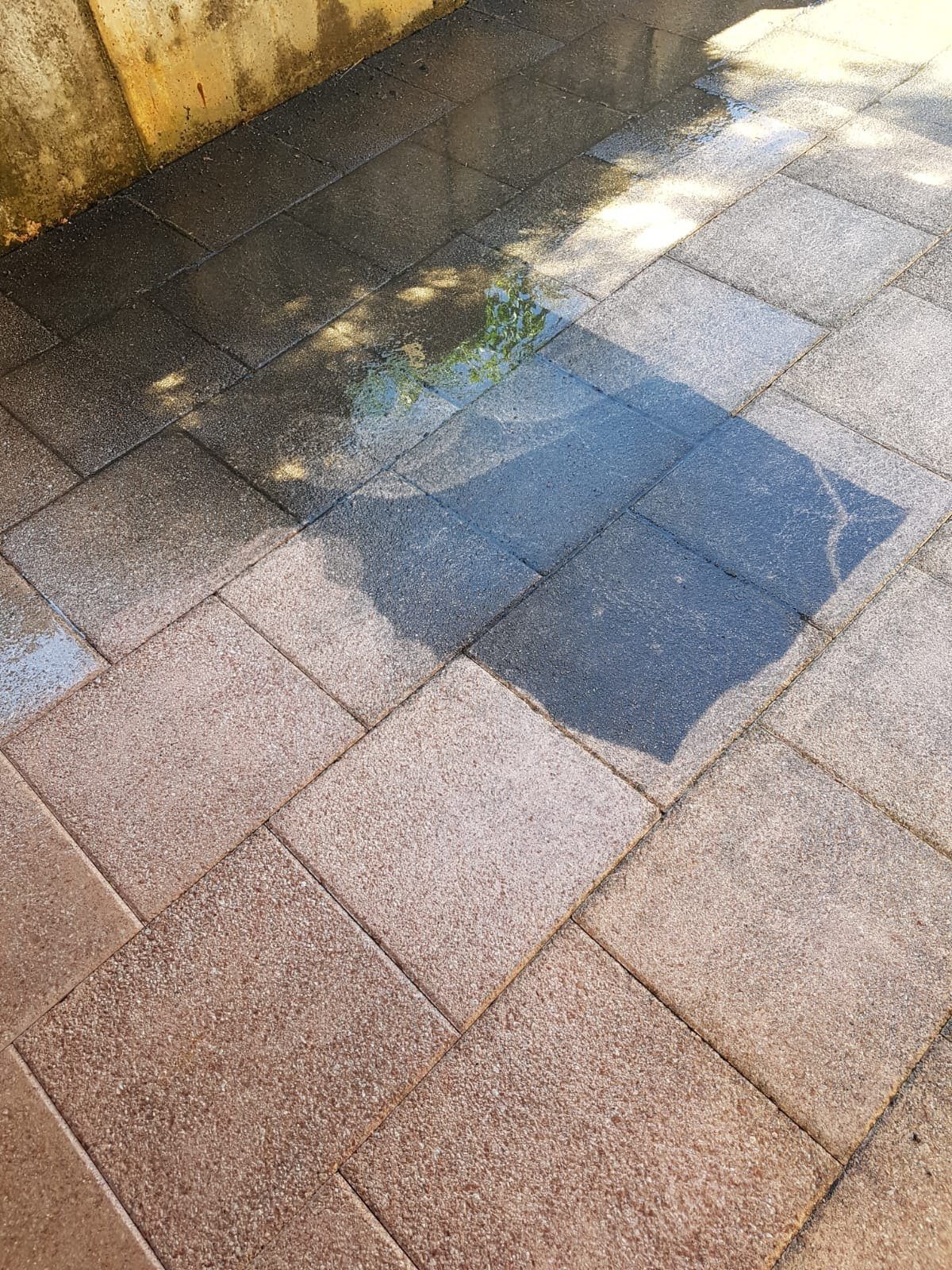 Nasse und trockene Pflastersteine mit Pfütze und Schatten.