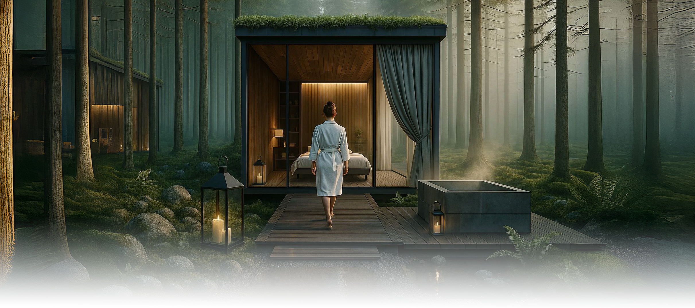 Woman in a robe walking towards a modern cabin in a forest with a hot tub and lanterns.
