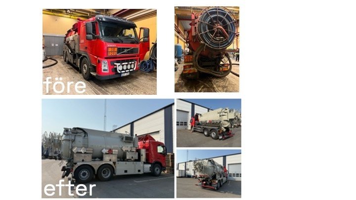 Collage av lastbilar med "före" och "efter" chassibyte på en slamsug. Översta bilderna visar en röd lastbil med utrustning, märkta med "före". Nedersta bilderna visar samma lastbil efter ombyggnad, nu i en ljus färg, märkta med "efter".