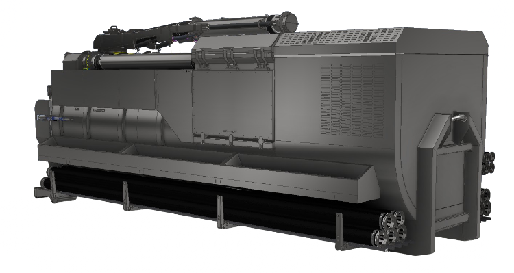 Megins vakuumaggregat Njord som sitter på en lastväxlarram. Maskinen har separat diesel-motor.