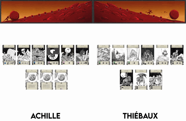 Un jeu de cartes avec deux ensembles de cartes. En haut, une scène avec une balle rouge montée sur une colline à gauche et descendant à droite avec une silhouette. En bas, deux sections : "Achille" avec plusieurs cartes, et "Thiébaux" avec un autre ensemble de cartes. Les cartes semblent être illustrées et organisées en lignes distinctes.