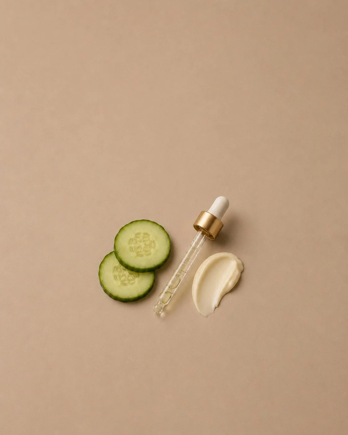 Three slices of cucumber, a dropper with a gold cap, and a smear of cream or lotion on a beige background.