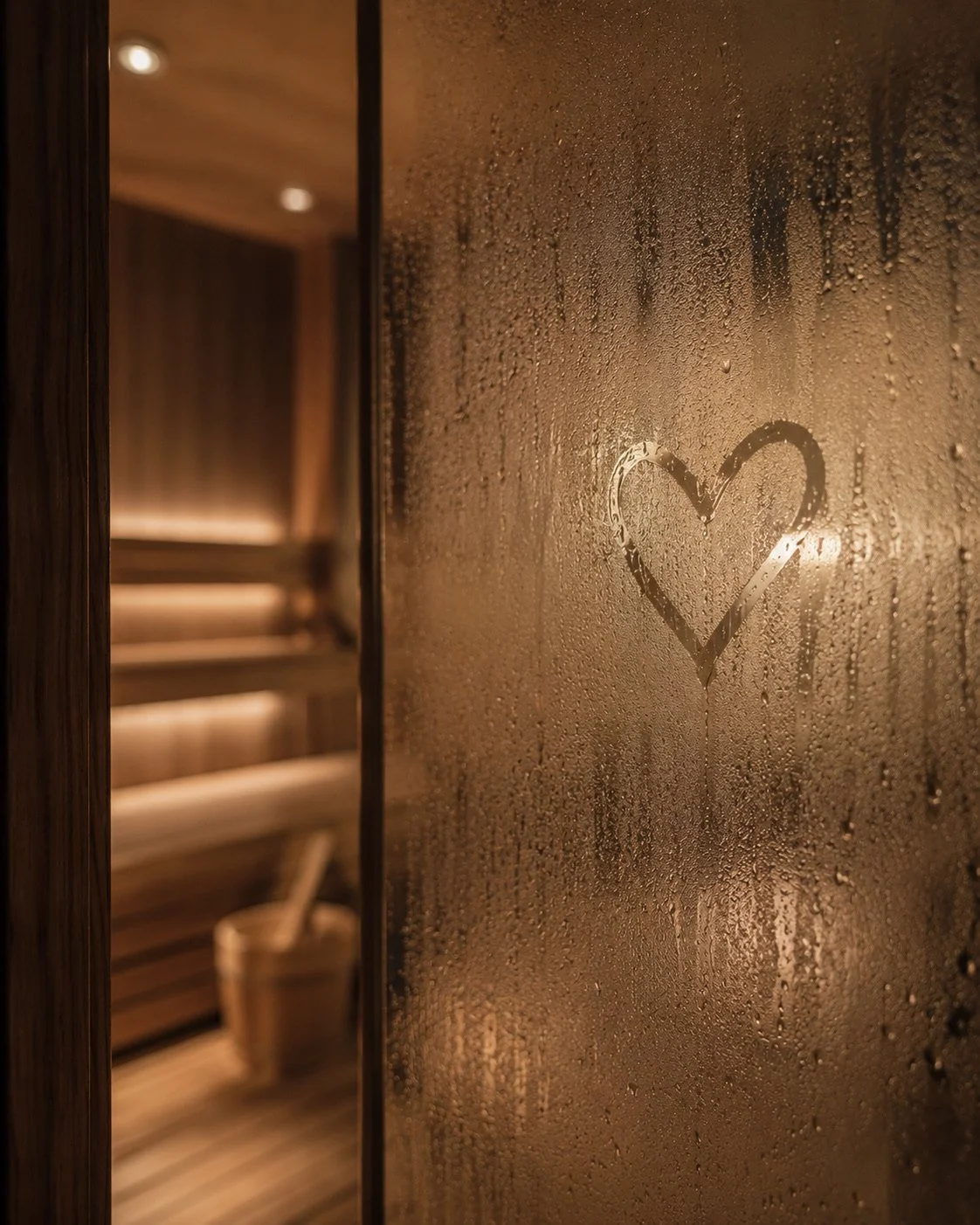 A foggy glass door with a heart drawn on it. Inside a sauna with wooden benches and a bucket with a ladle.