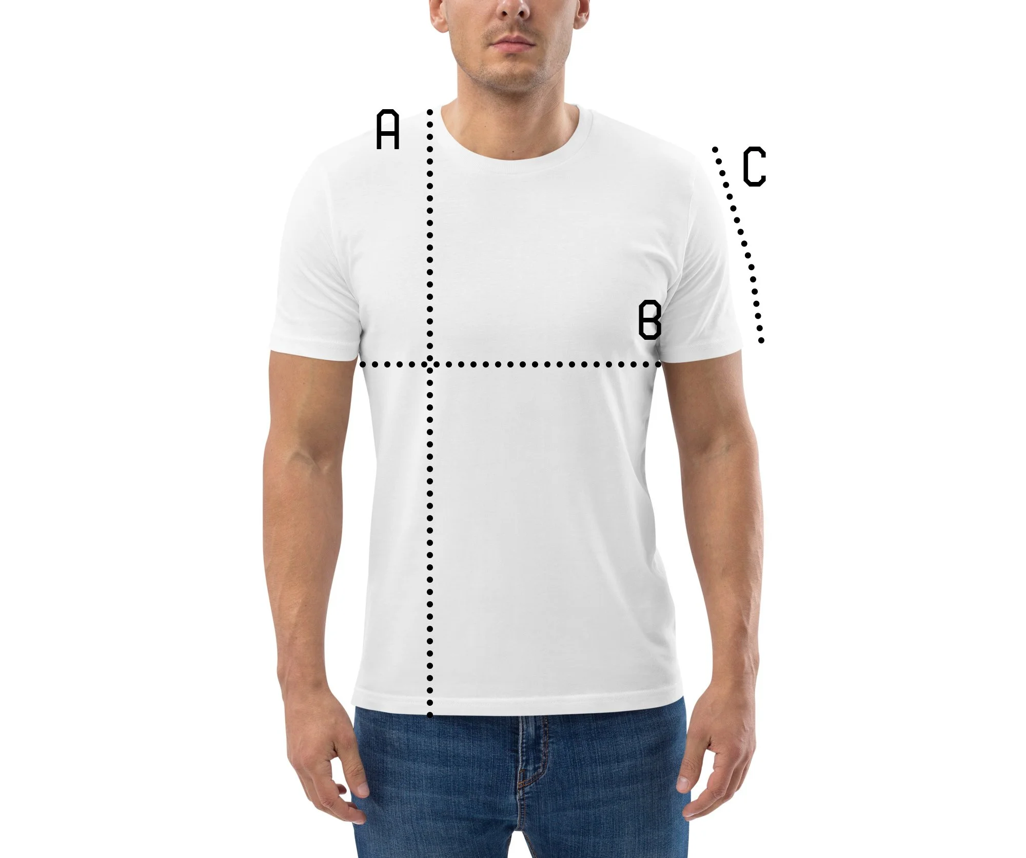 A man wearing a white t-shirt with dotted lines and labels indicating measurements A, B, and C for different parts of the shirt.