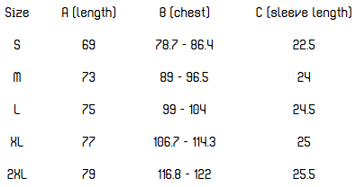 Sizing chart for clothing with measurements in inches for sizes small to 2XL, including length, chest, and sleeve length.