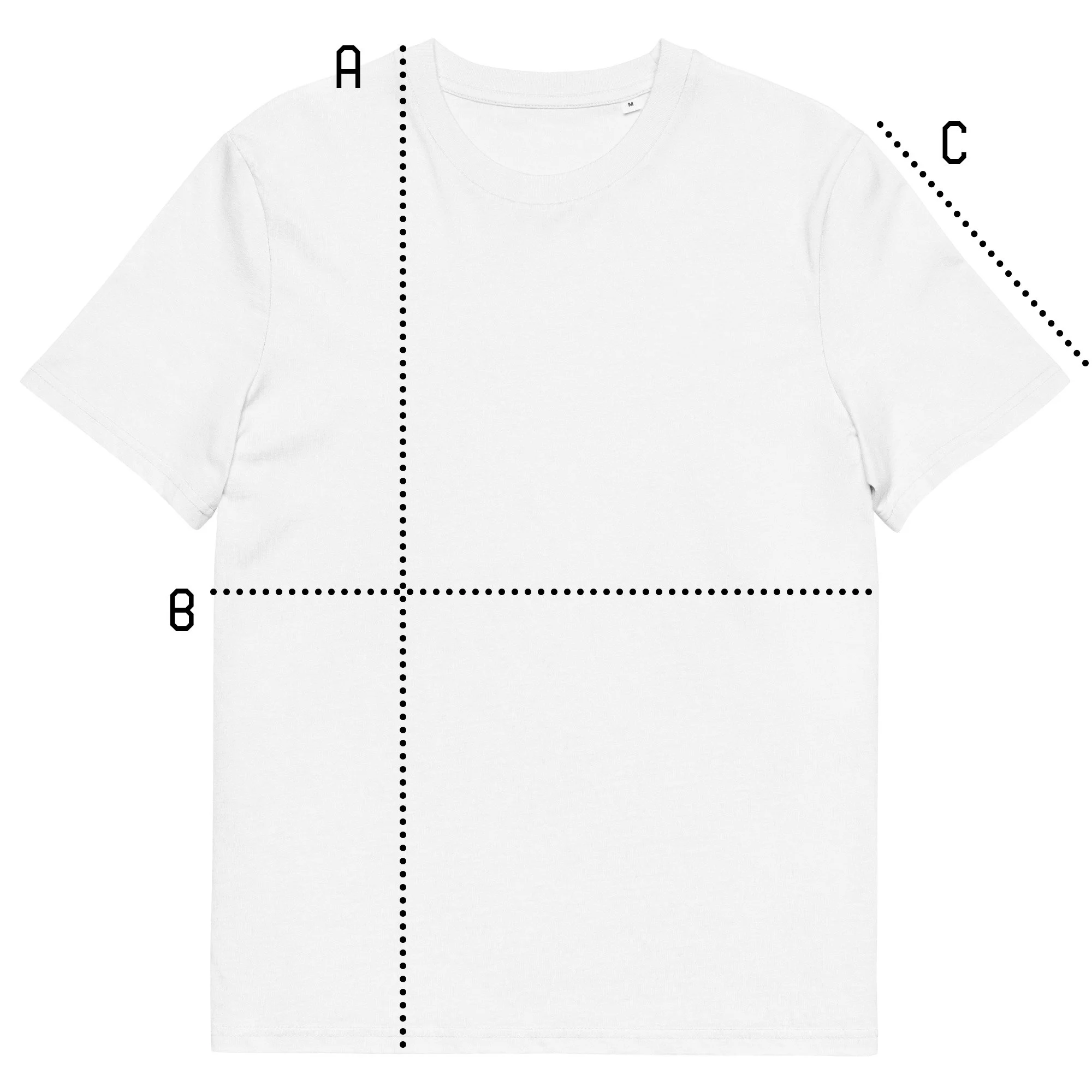 White T-shirt with measurement guidelines labeled A, B, and C.