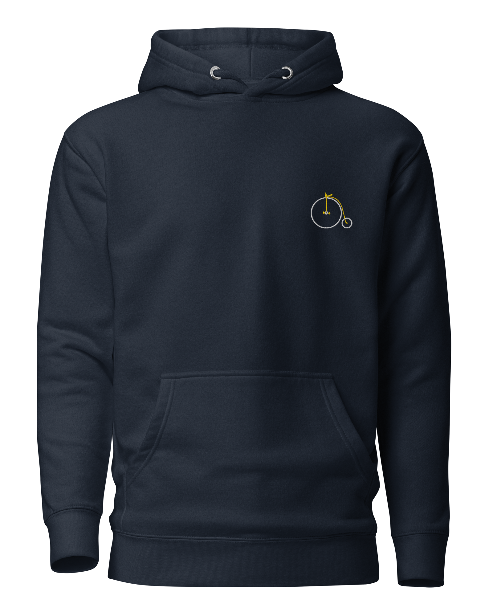 Navy hoodie with small bicycle logo on the chest, front view.