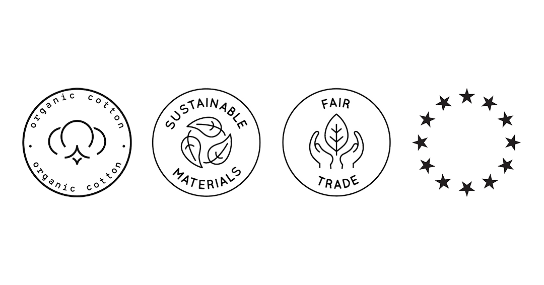 Four certification seals related to organic and sustainability standards, including organic cotton, sustainable materials, fair trade, and eco-friendly practices, with a circle of stars around them.