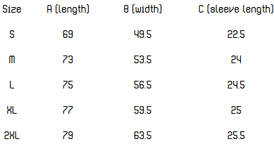 Size chart with measurements for Small, Medium, Large, Extra Large, and 2XL, including length, width, and sleeve length in centimeters.