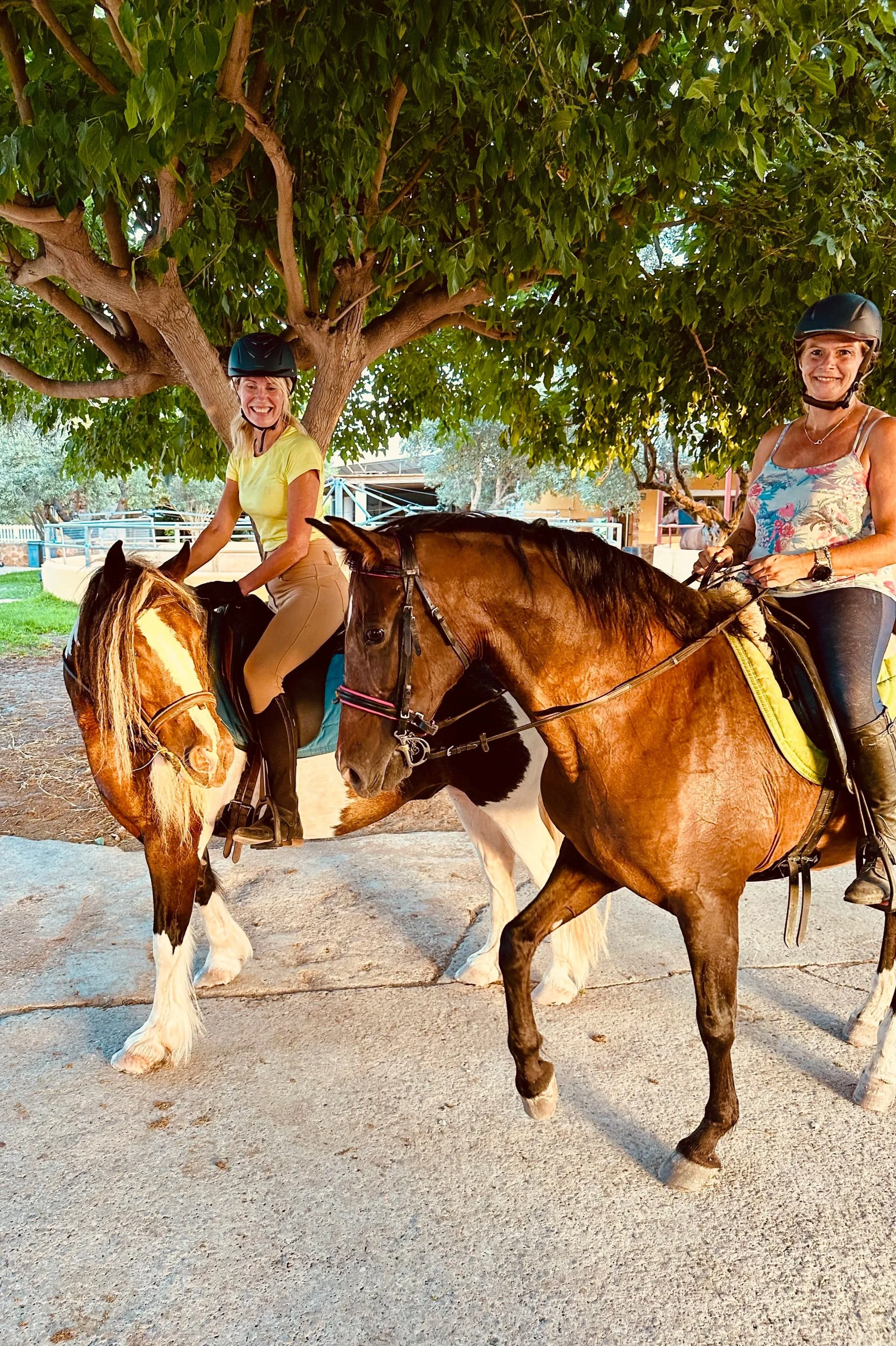 Horse coaching session in nature with two riders, reflecting the calm, trust, and connection of Luontopolku horse-assisted experiences.