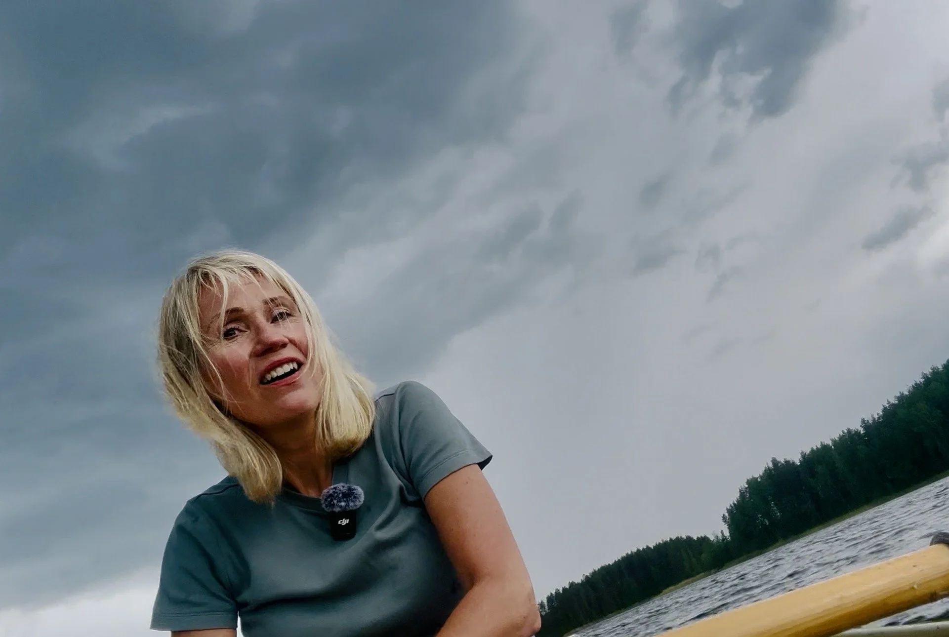 Mirka Kristiina Bruun rowed to the Castle Rock of Taipalsaari to film the 5000 year old rock paintings located new Blueberry Villa.