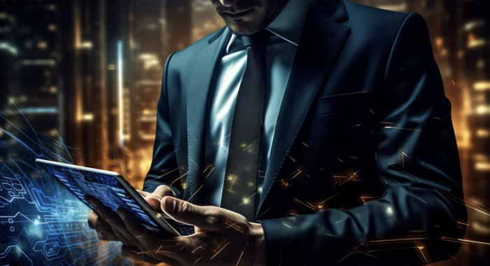 Businessman using a tablet with digital graphics in a futuristic cityscape