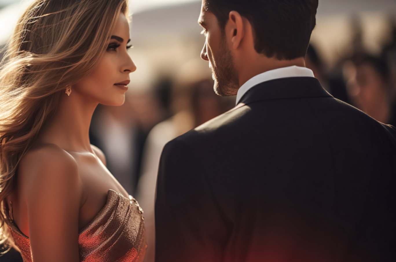 A woman in a glamorous dress and a man in a suit are looking at each other, set against a blurred background, suggesting an evening event or formal gathering.