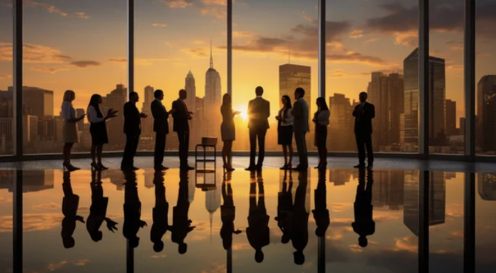 Silhouetted business people standing in front of large windows with a sunset city skyline view.