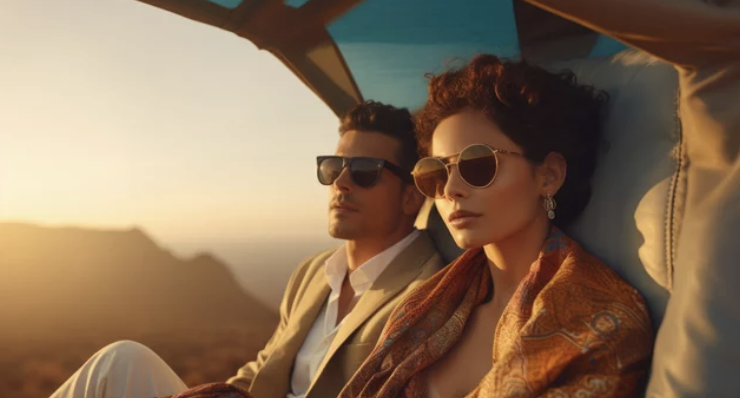 A stylish couple wearing sunglasses in a luxury convertible during sunset.