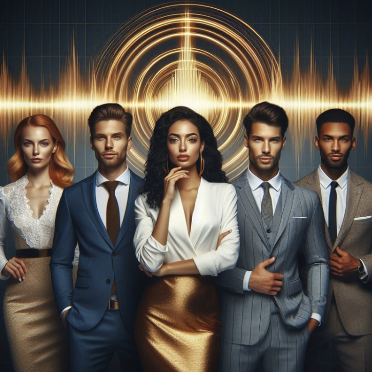 Group of well-dressed individuals against a golden sound wave background, featuring two women and three men in formal attire, looking confidently at the camera.