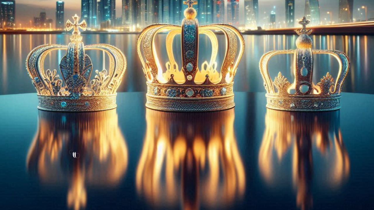 Three ornate golden crowns with jewels, reflected on a glossy surface with a city skyline and water in the background at night.