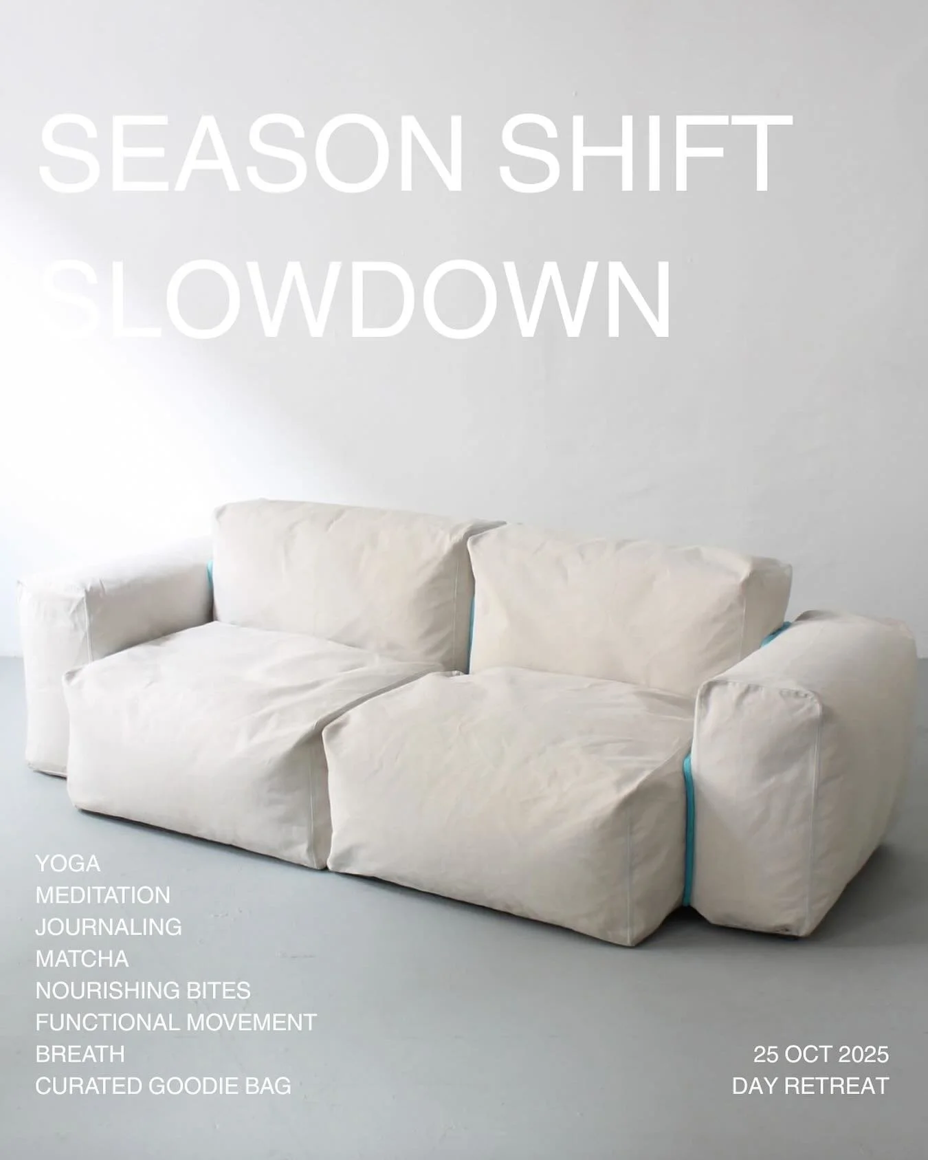 SEASON SHIFT SLOWDOWN 
a Vienna day retreat 
25 October 2025
2-8pm
⠀
A calm, intentional space to transition into autumn — with a mindful blend of movement and stillness, nourishing bites & sips, and time to reset.
⠀
I’m pouring a lo