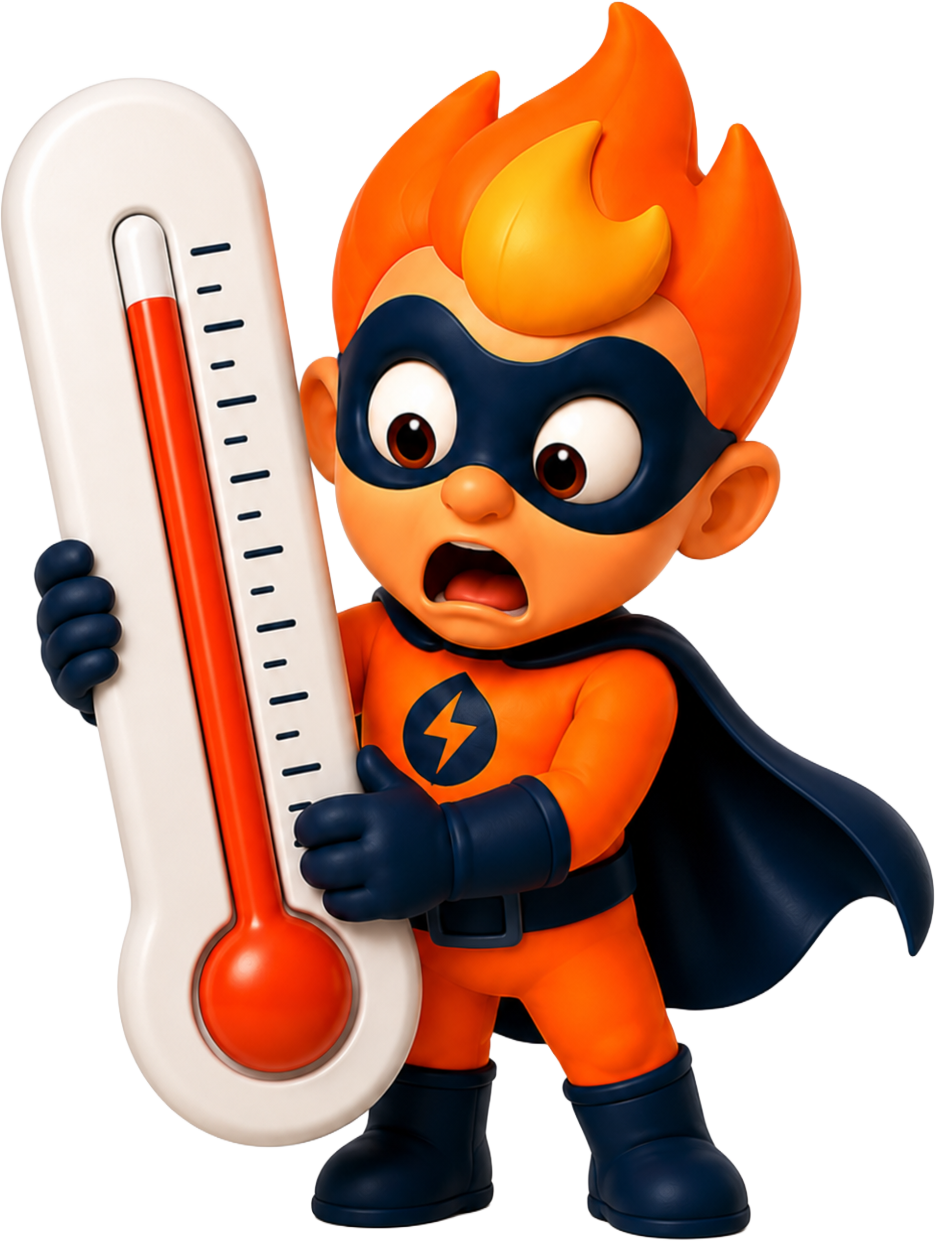 Animated superhero character with fiery hair, wearing a black mask, orange superhero suit with lightning bolt emblem, black cape and boots, holding a large thermometer showing high temperature.