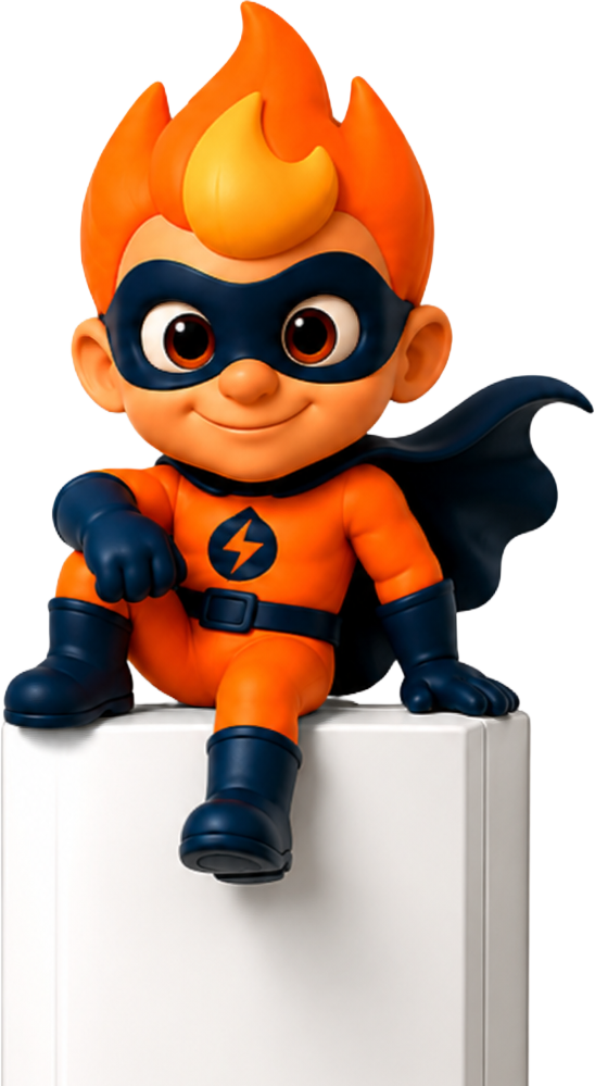 A colorful superhero figurine with orange hair, a black mask, an orange and blue costume, and a black cape, sitting on a white pedestal.