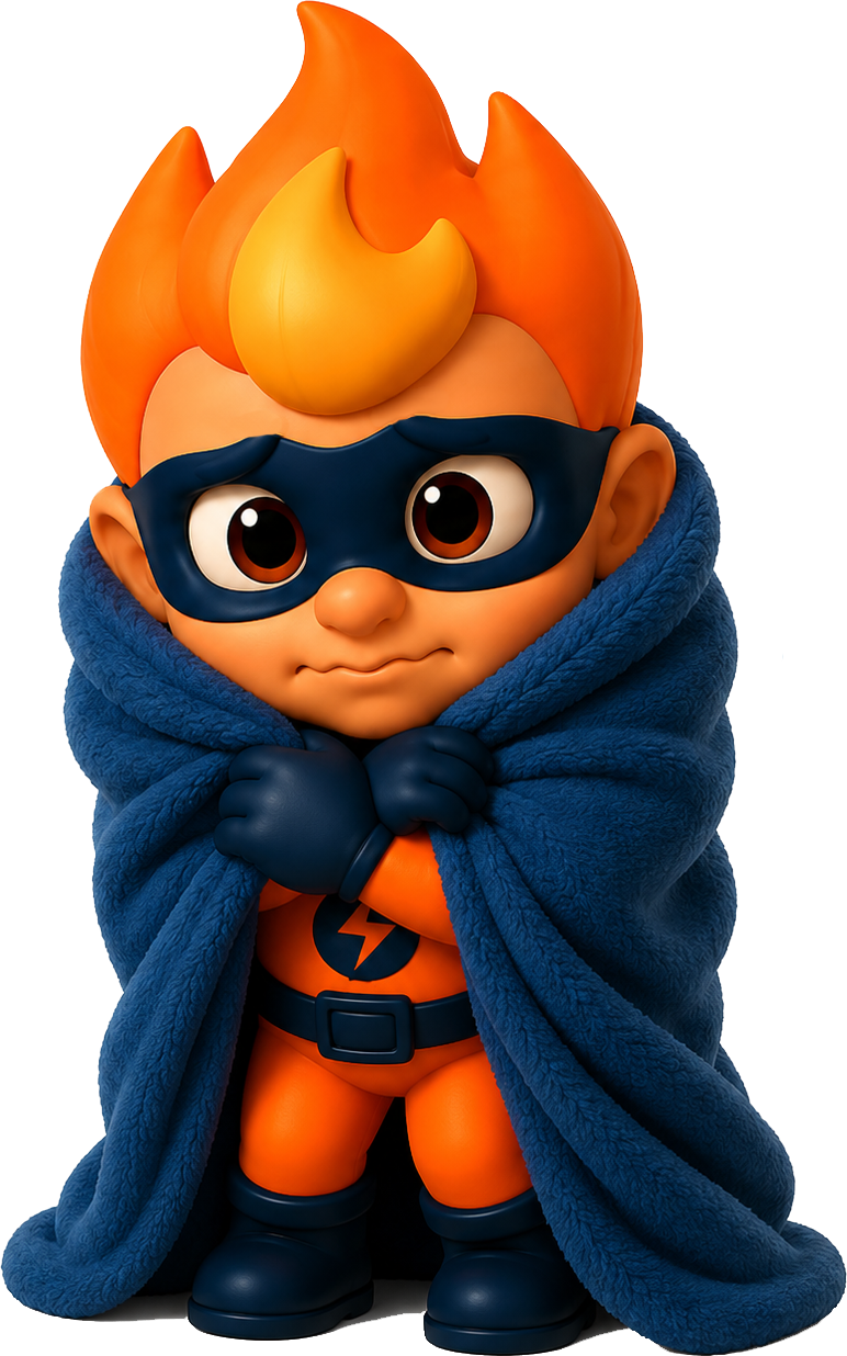 A cartoon character dressed as a superhero with orange hair, a blue mask, a blue cape, and an orange suit with a lightning bolt symbol, standing with arms crossed.