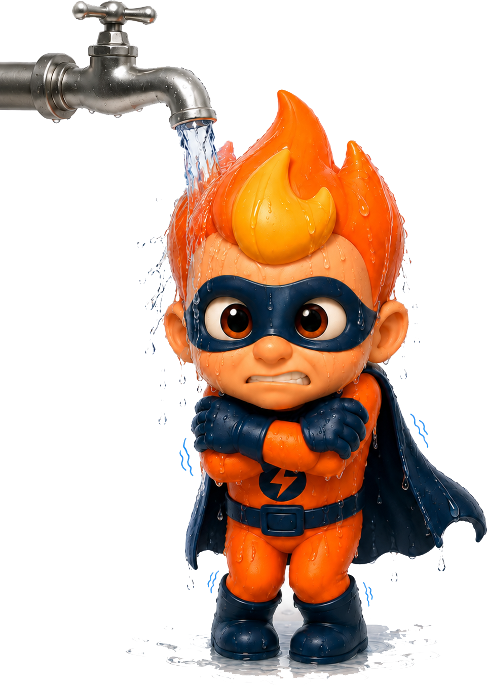 A cartoon superhero kid with orange spiky hair, wearing a black mask, orange suit with a blue lightning bolt emblem, blue cape, gloves, and boots, standing under a running water faucet with water pouring down on him.