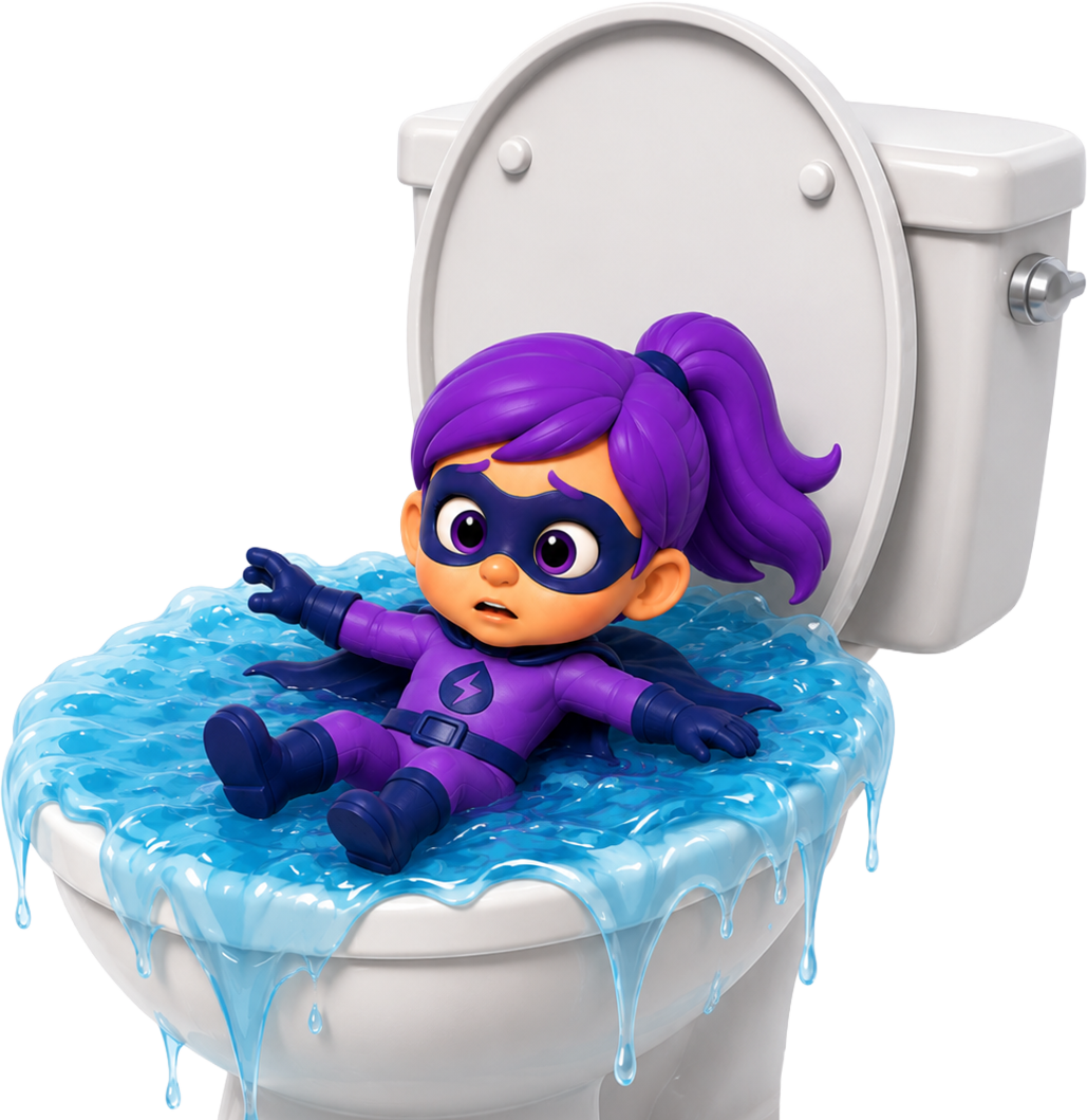 A cartoon superhero girl with purple hair and costume lying on a flooded toilet seat, with water overflowing and dripping down.