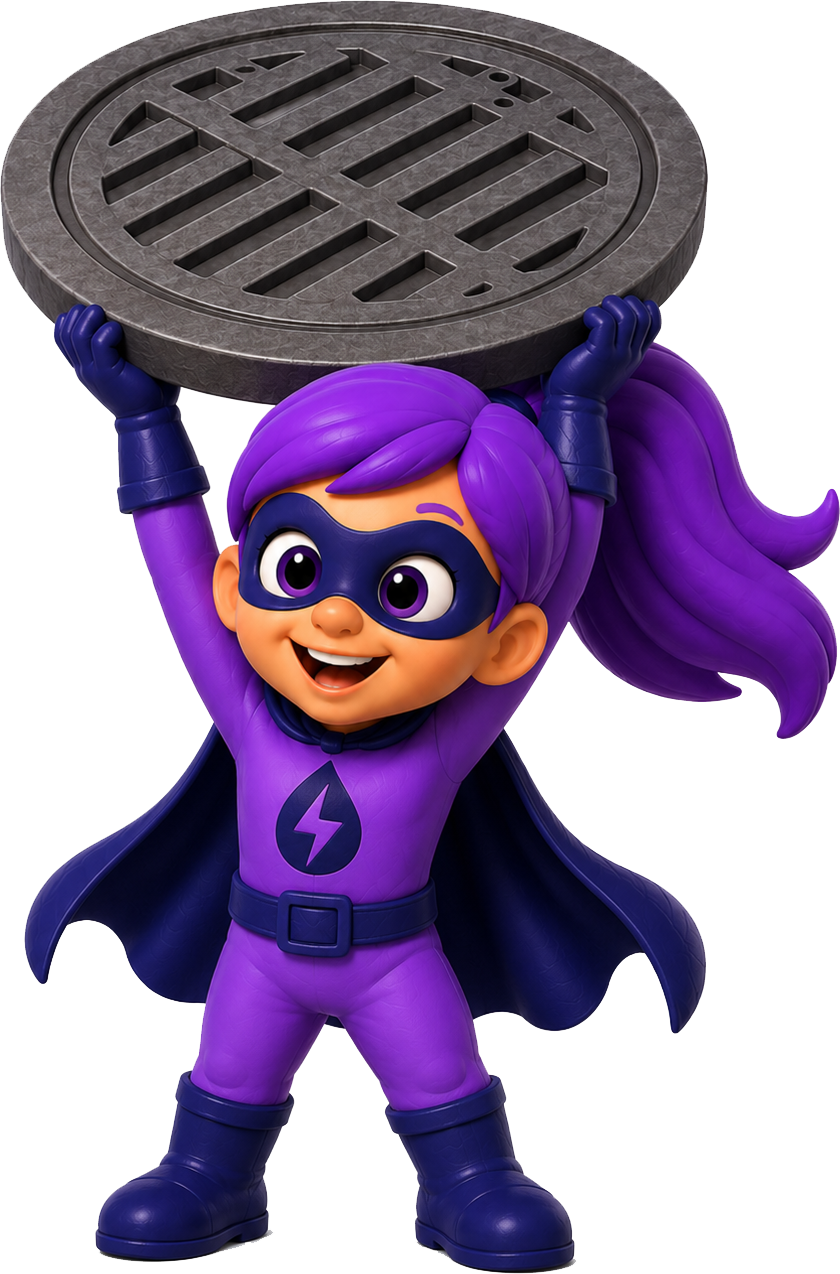 A cartoon girl dressed as a superhero with purple hair, purple outfit with a lightning bolt symbol, and a black mask, holding a large round manhole cover above her head.