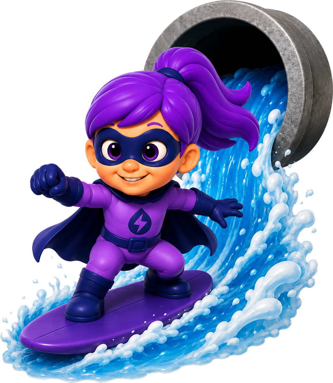 A cartoon character with purple hair, wearing a purple superhero costume and mask, surfing on a purple surfboard coming out of a water pipe.