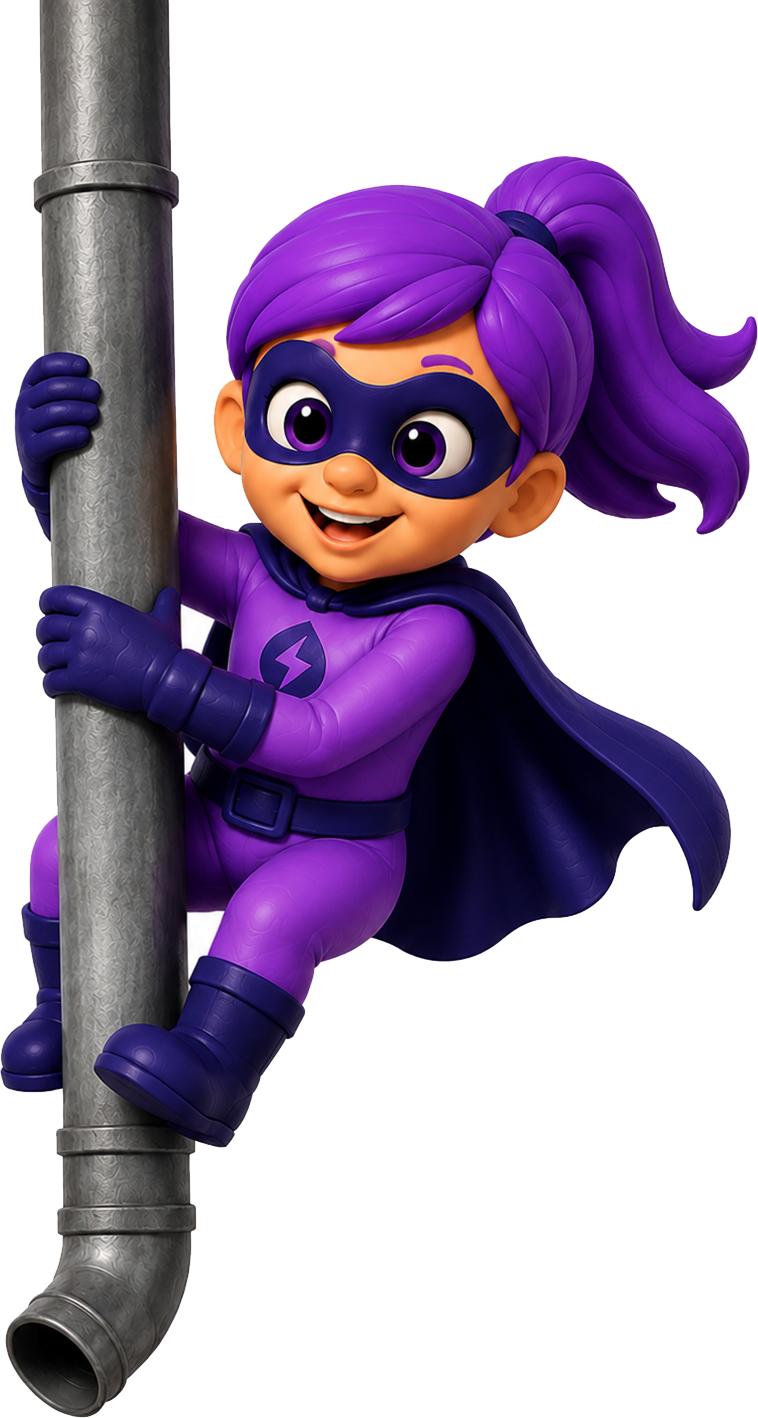 A cartoon girl superhero with purple hair, wearing a purple costume and mask, holding onto a metal pole with a pleased expression.