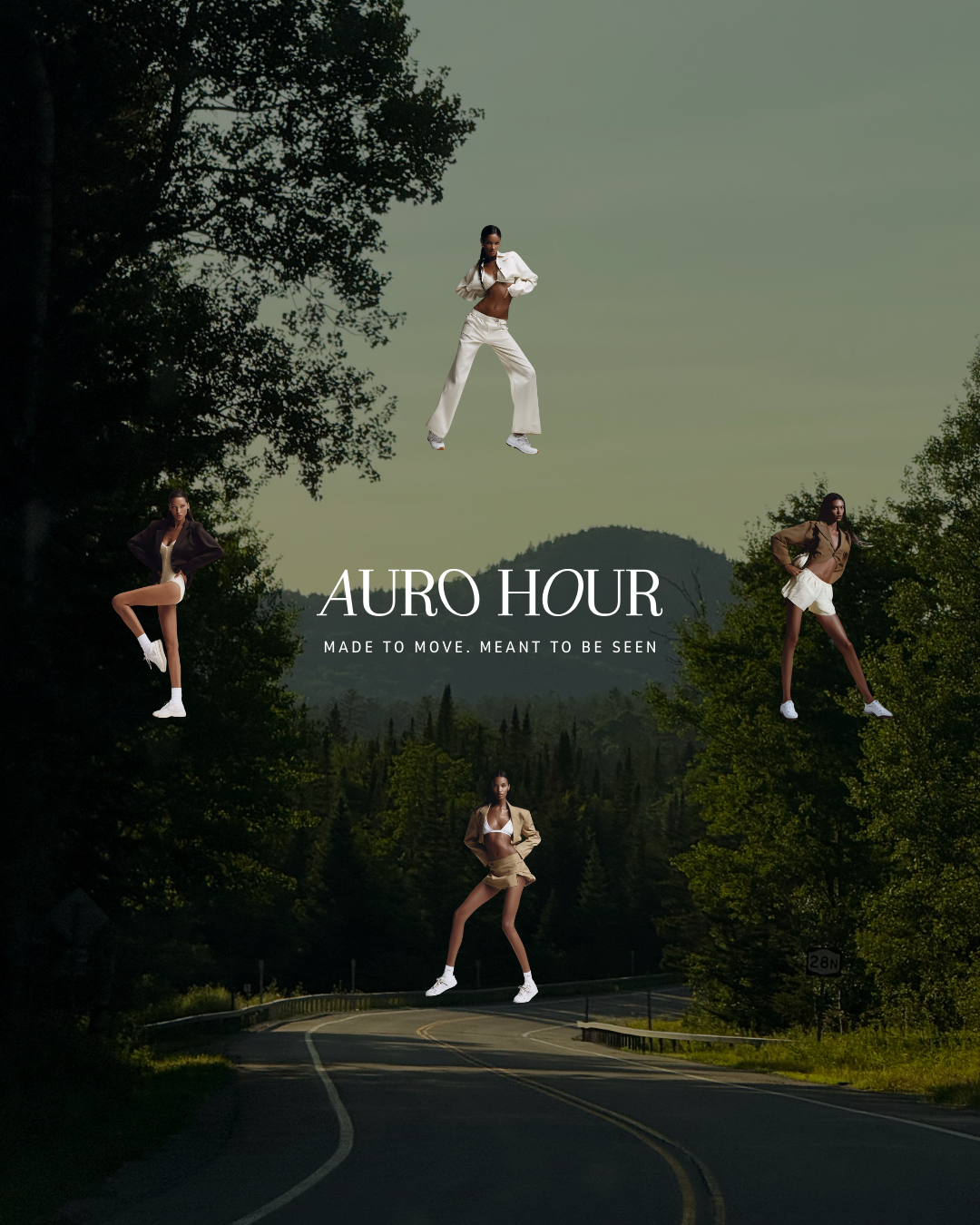 Fashion advertisement featuring four women floating in a forested landscape with a winding road, with text 'AURO HOUR' and 'Made to move. Meant to be seen'.