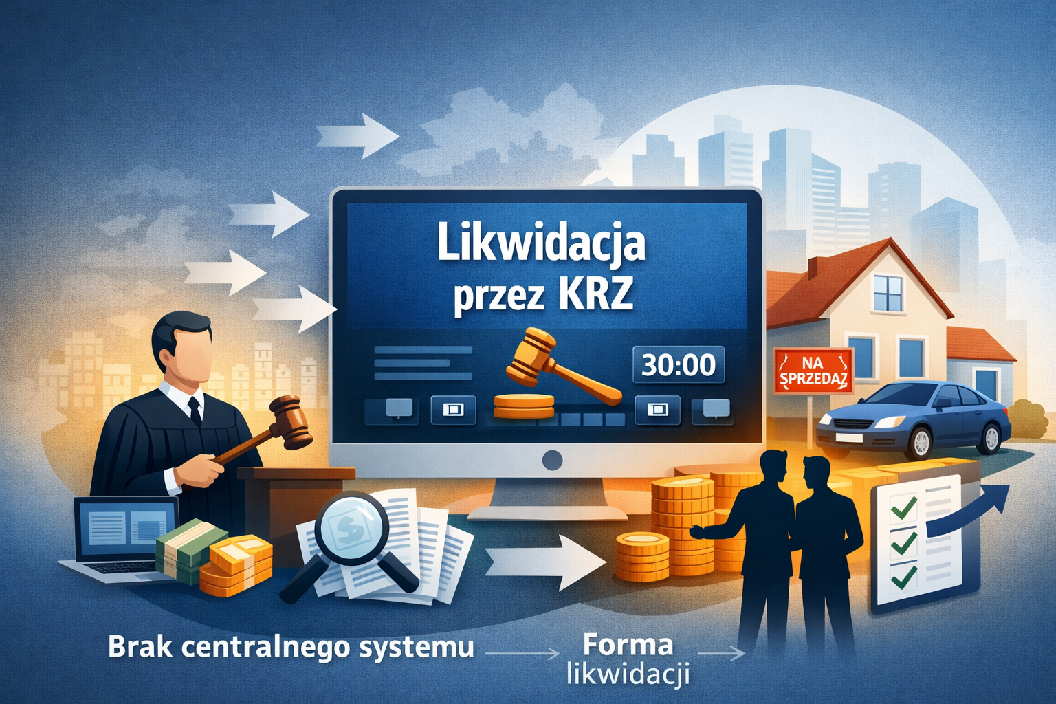 Grafika przedstawia koncepcję likwidacji majątku przez KRZ – centralny system sprzedaży, który zastępuje rozproszone ogłoszenia i zwiększa transparentność postępowania upadłościowego.
